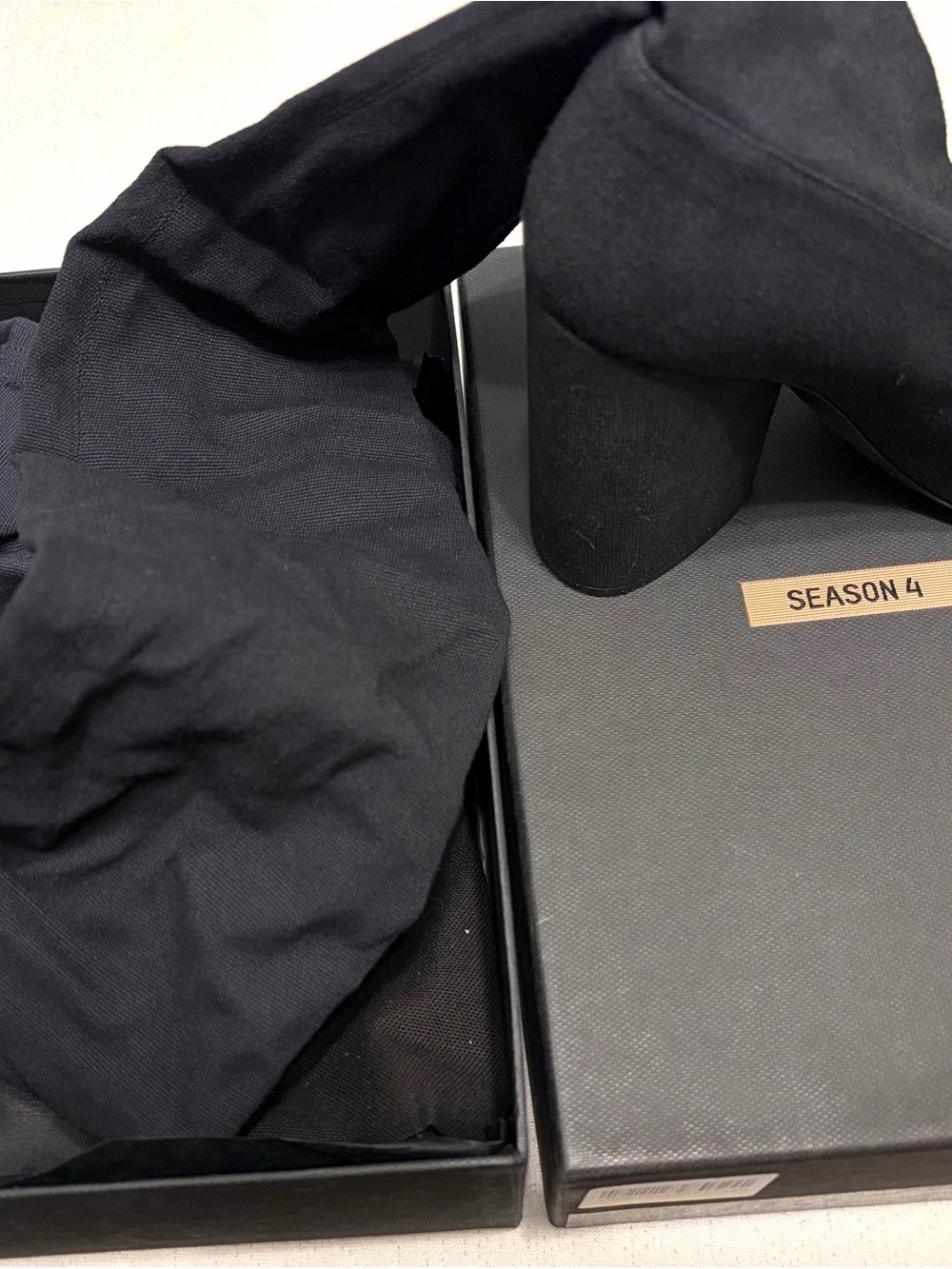 YEEZY Season 4 Stretch Canvas Thigh-High Boot in the "Bat" (black) colorway